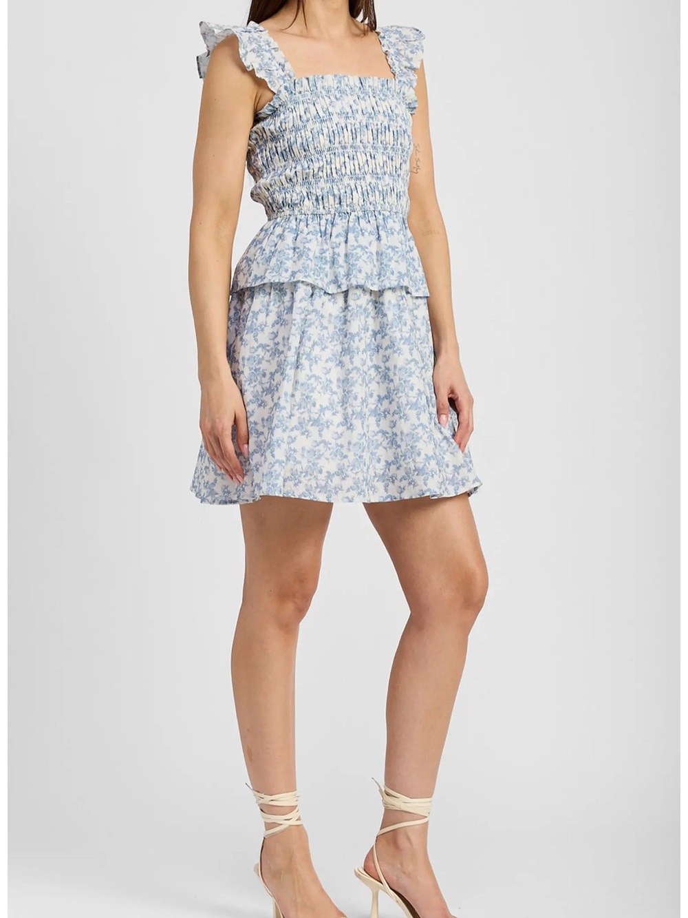 Anthropologie En Saison Smocked Ruffle Tiered Cotton Mini Dress in Blue Floral M